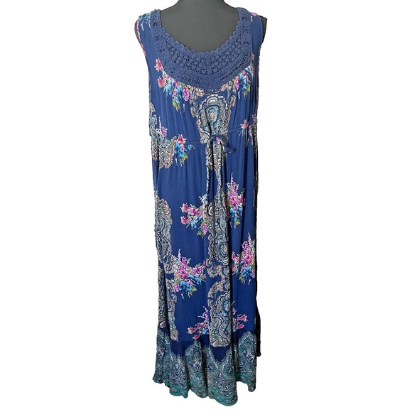 Bila XL Blue Floral Crochet Maxi Dress Tiered Boho Cottagecore Sleeveless Beach - Picture 2 of 4